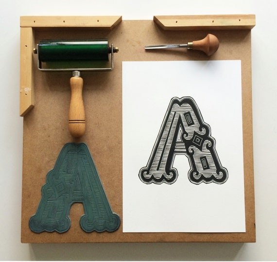 Industrial Alphabet Linocut Print Letter A by TheTravellingPress