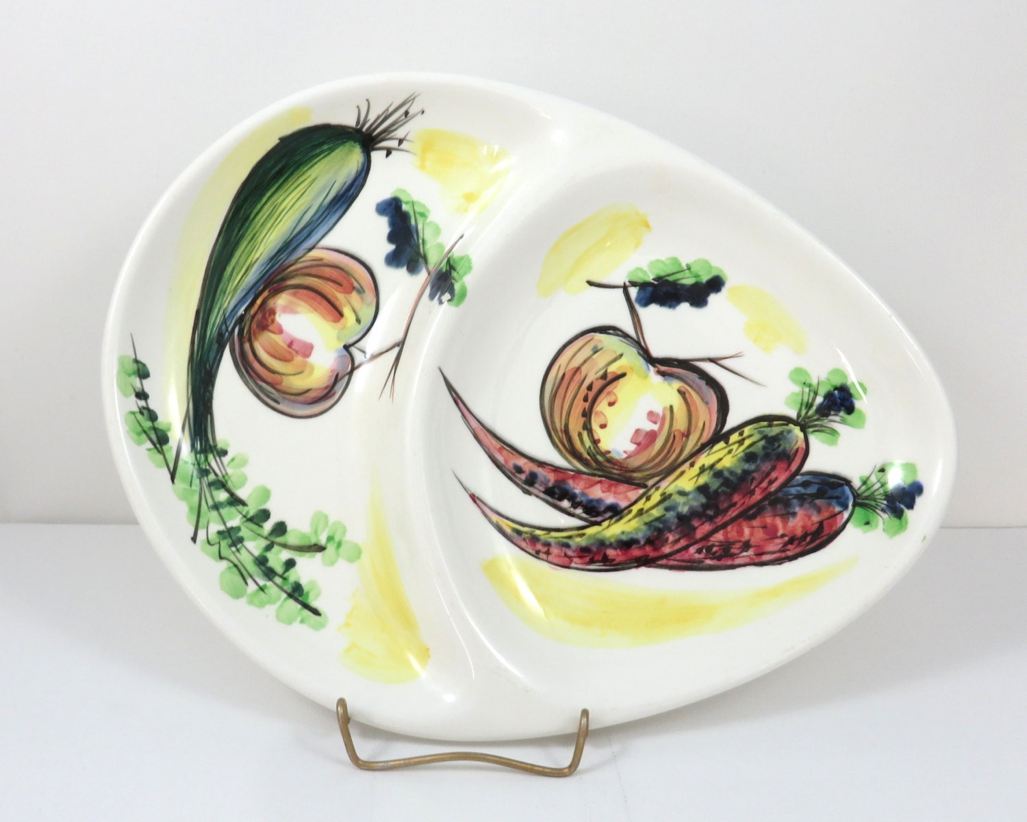 Vintage Serving Dish Vegetable Hand Painted Divided Plate