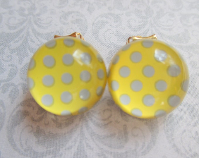 Yellow Polka dot earrings-Clip on earrings-Cabochon studs-teen-Stud Earrings-nickel free-kids dress up jewelry-gray-bubble-tween party favor