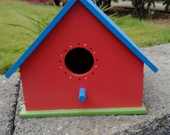 Bird House, Wood Bird House, Hand Painted, Colorful, Yard Art, Classic Bird House, Red
