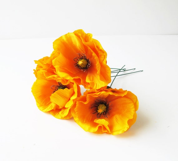 5 Poppies Artificial Flowers Silk Orange Poppy 3.5