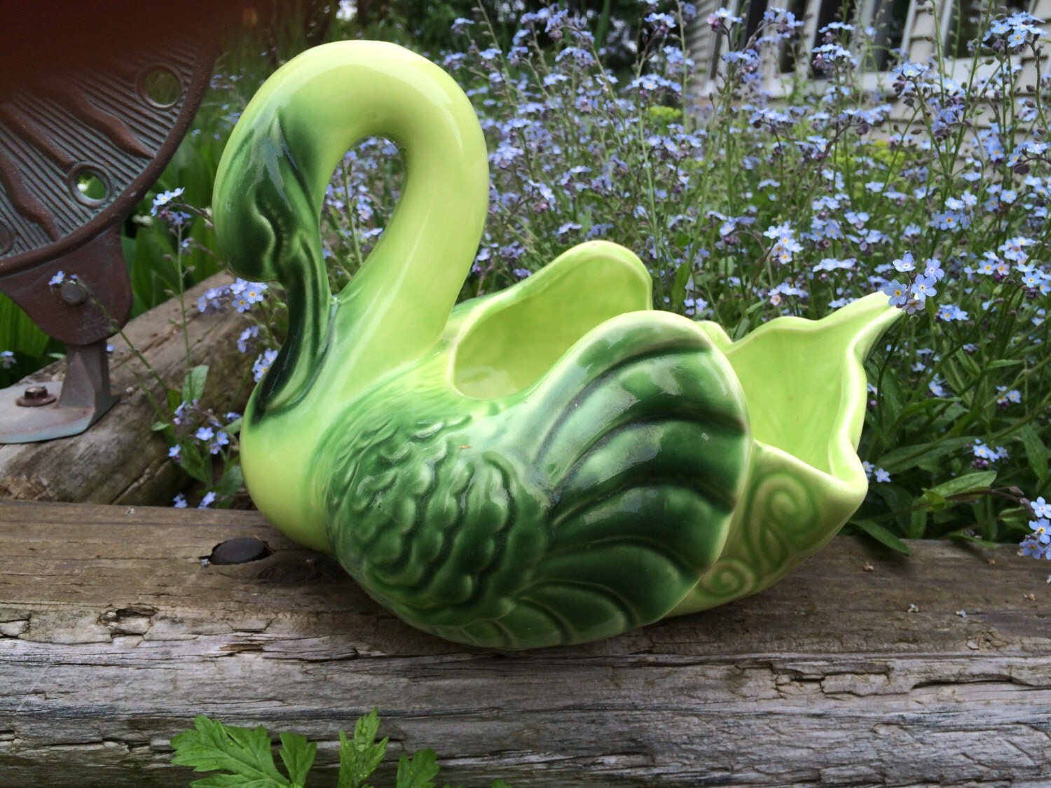 Large Green Ceramic Swan Planter by VintageRoseandLace