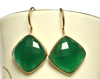 Green Onyx Earrings - 18k Gold Vermeil Earrings - Sterling Silver Earrings - Bezel Set Earrings - 17x17mm Cushion Cut Gemstone Earrings