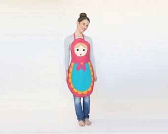 Womens Babushka apron, gift for her, hostess gift, Hosting ware, russian doll apron, handmade costume, Xmas gift