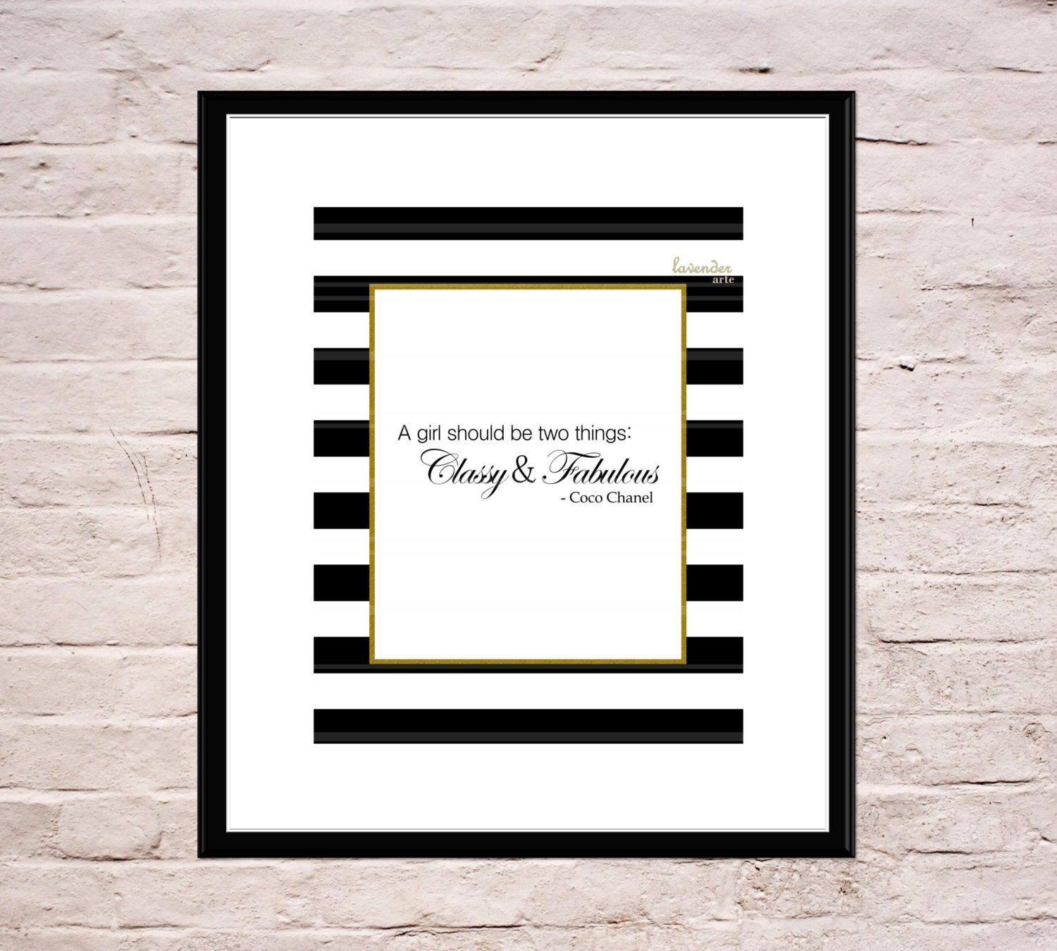 Coco Chanel Quote Wall Art Black White Stripes by LavenderArte