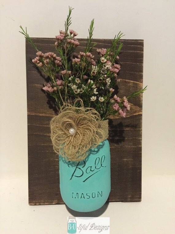 Burlap Mason Jar Wall Decor Flower Vase by BUtifulDesigns on Etsy