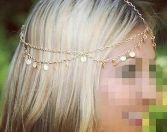 Gold Gypsy Head Chain, Gold Boho Head Chain, Bohemian head piece, Forehead Piece, Hair Jewelry, Bridal Hair Piece