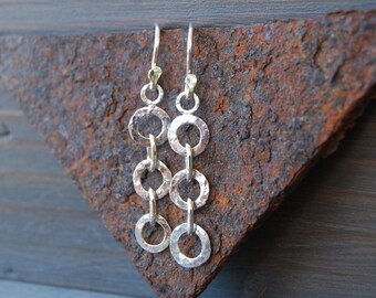 Sterling silver three hammered circles drop earrings