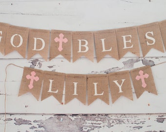 God Bless Name and Cross Banner, Baptismal Banner, Confirmation Banner, Christening Banner, First Communion Banner, Religious Banner, B143