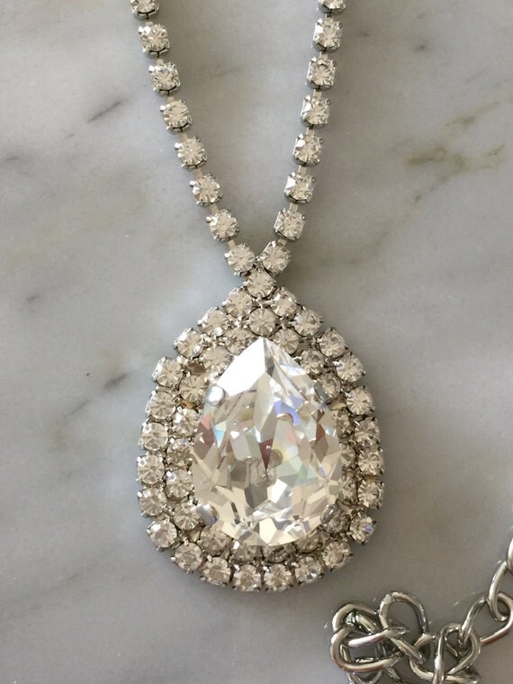 Large Pear Cut Swarovski Clear Crystal Bridal, Cocktail Necklace