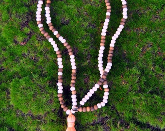 Tassel Necklace // Wood Beaded Necklace // Pale Coral Tassel // 31 inch Necklace