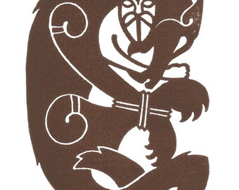 Tyr and Fenrir, Norse Mythology Linocut