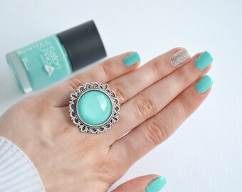 Glass dome ring, Mint ring, Turquoise ring, Mint glass dome ring, Mint statement ring, Turquoise statement ring, Turquoise glass dome ring
