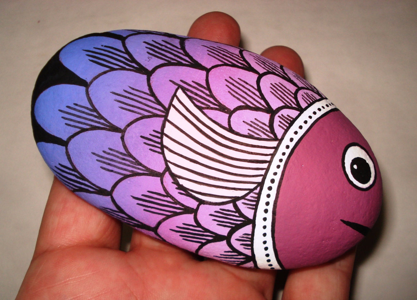 Painted stone purple fish Is Hand Painted with by RockArtAttack