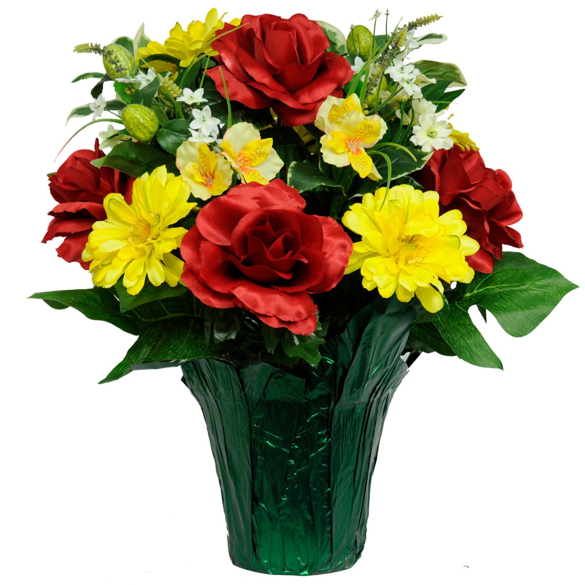 Red Rose and Yellow Dahlia Mix Potted Silk Flower Arrangement
