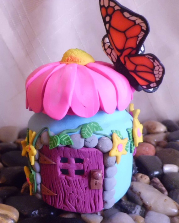 Polymer clay fairy house jar candle or trinket holder w/