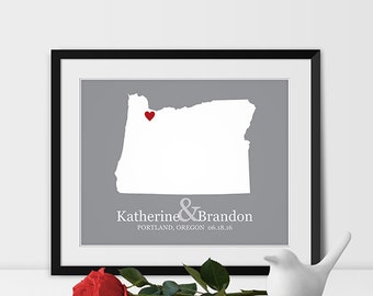 Oregon State Map Art, Portland Wedding Gift for Couples Anniversary Gift Personalized Couples Gift for Her Oregon Gift -Any STATE
