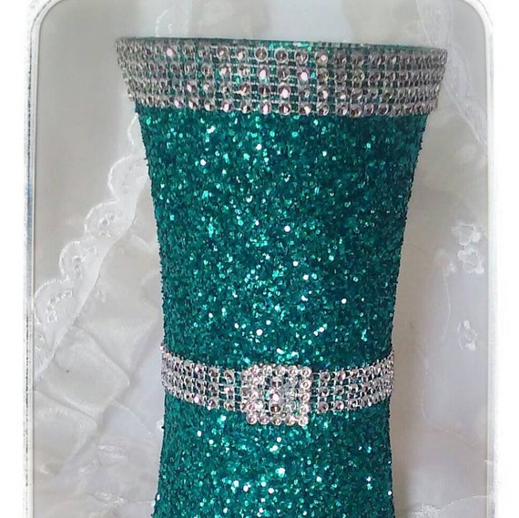 Peacock colored glitter bling vase centerpiece for quinceanera or wedding
