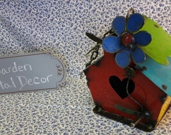Recycled Small Birdhouse w/ flower and chain