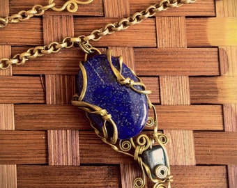 WIRE Wrapped PENDANT Blue Lapis Lazuli and Tibetan Turquoise, Thick Handmade Chain, Artisan One of a Kind OOAK Original Wirework Jewellery
