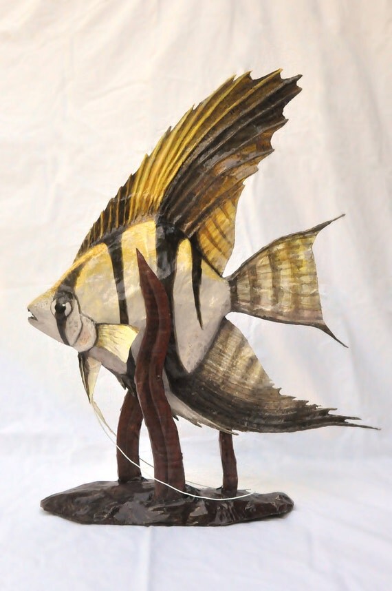 Paper Mache Angelfish Cardboard Animal Fish Sculpture OOAK