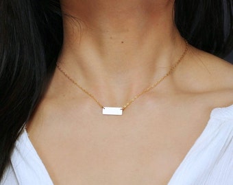 Personalized Small Gold Bar Necklace, Minimal Bar Necklace, Tiny Rectangle Initial Charm Necklace, Name Plate Jewelry, Christmas Gifts Idea