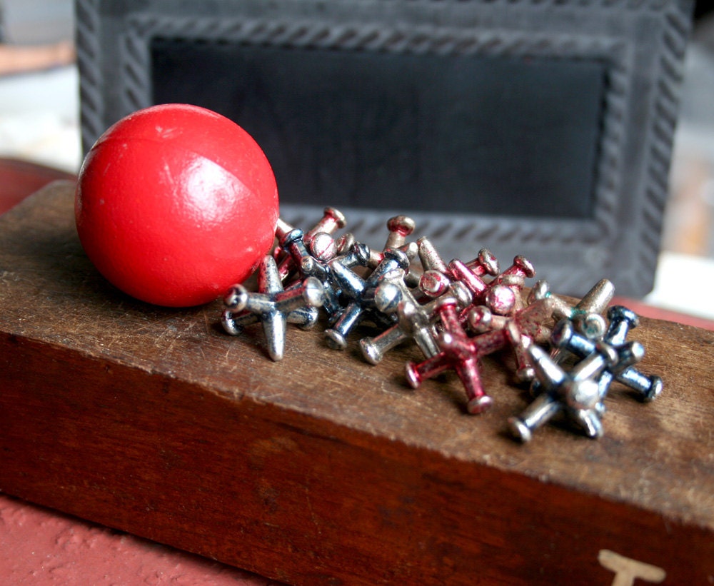 Vintage 13 JACKS and 1 BALL Game Set SUPPLIES Metal by Sweetkate