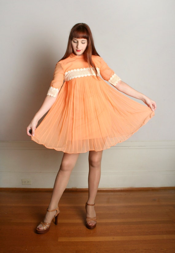 Vintage 1960s Babydoll Dress Orange Creamsicle Pleated Dolly