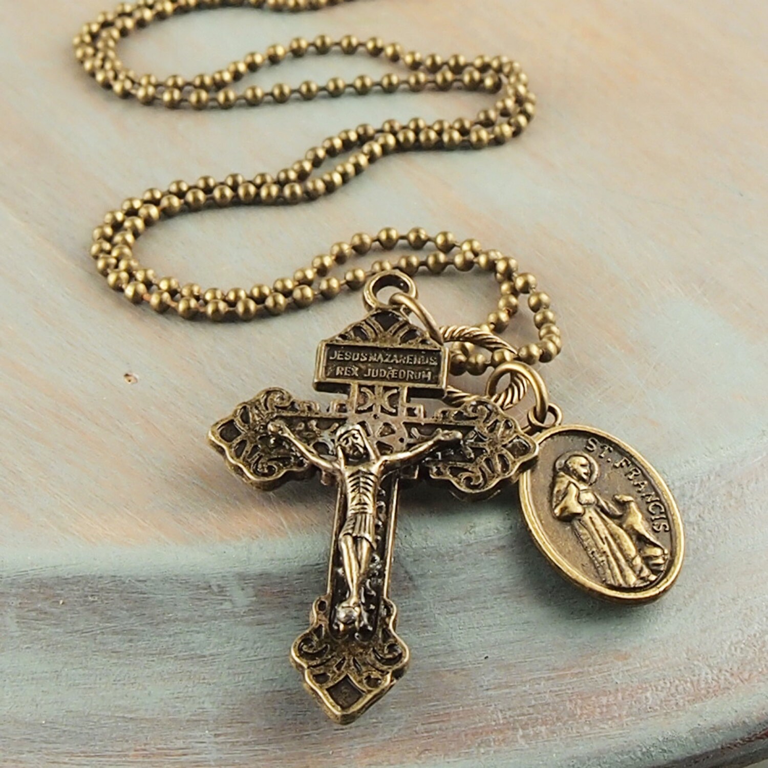 Bronze Cross Necklace Pardon Crucifix St.Francis by