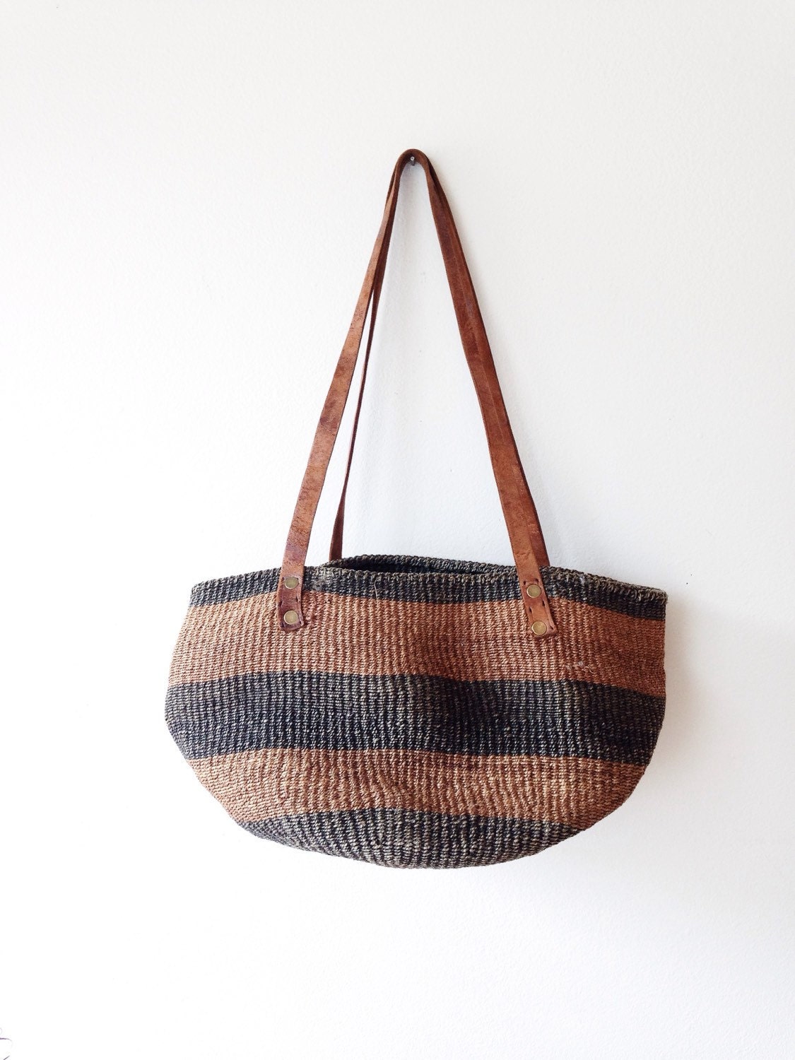 Large Woven Jute Market Tote kenya bag, striped, leather straps