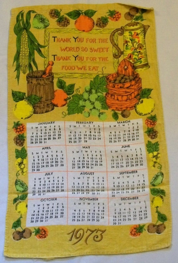 Vintage Calendar Towel Tea Towel 1973 Calendar Tea Towel