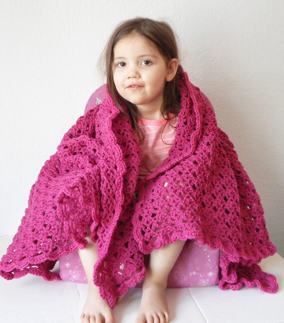 Large Crochet Kids Afghan or Lapghan in Dark Pink.