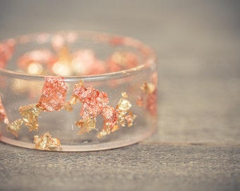 Gold Resin Bangle Rose Yellow Gold Flakes Bracelet Wide Cuff OOAK jewelry eco friendly