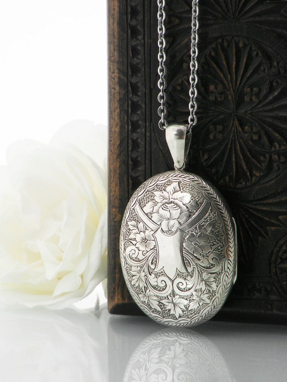Extra Large Antique Locket Sterling Silver Oval Victorian