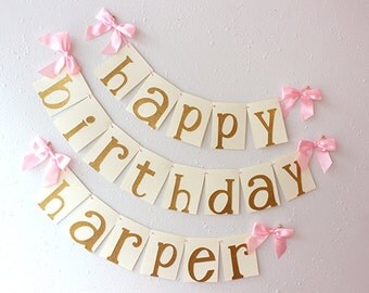 Pink and Gold Birthday Party Decorarations. Handcrafted in 2-3 Business Days. Glitter Gold Happy Birthday Banner.