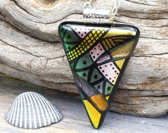 Dichroic Glass Pendant, Fused Glass Jewelry, Necklace; Modern, Geometric, Bold, Abstract - Earthtones / 54mm x 33mm (Item #10710-P)