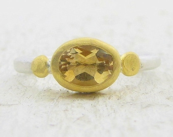 Citrine Ring - 24k Solid Gold & Silver Ring - Citrine Stacking Ring - Gemstone Ring - Gold Citrine Ring