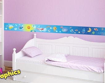 airplanes planets rocket wall border stickers - 6.5 feet long & 5.5 inches wide (2 m x 14 cm) - removable (babygraphics)