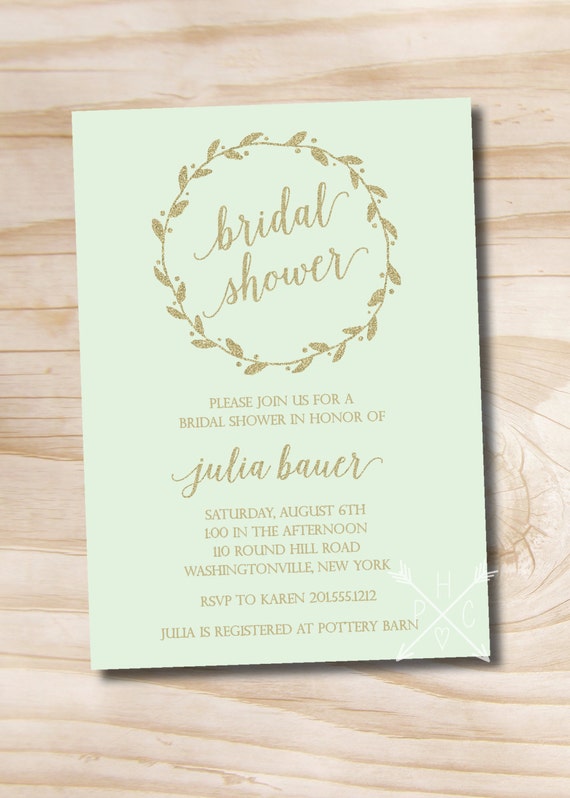 Mint and Gold Glitter Wreath Bridal Shower Invitation - Printable digital file or printed invitations Il_570xn