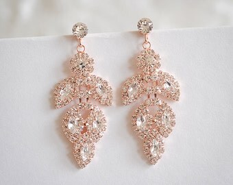 50% Off SALE, Rose Gold Bridal Earrings, Chandelier Wedding Earrings, Vintage Style Leaf Dangle Earrings, Art Deco Bridal Jewelry, JOCASTA