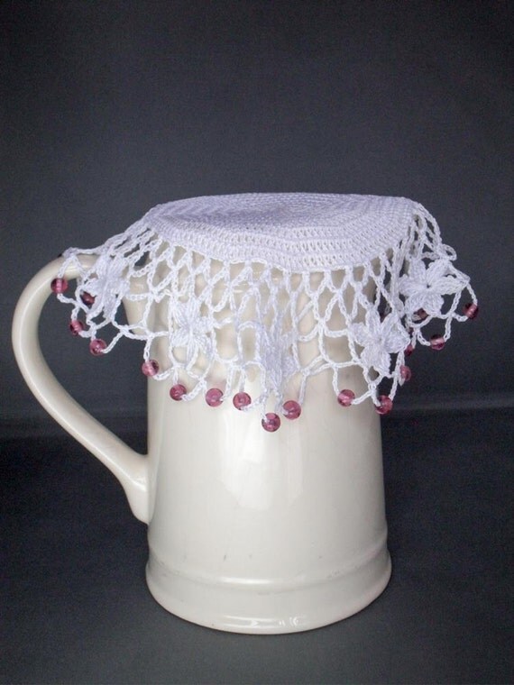 White Crochet Beaded Jug Cover with Pink Beads by ...