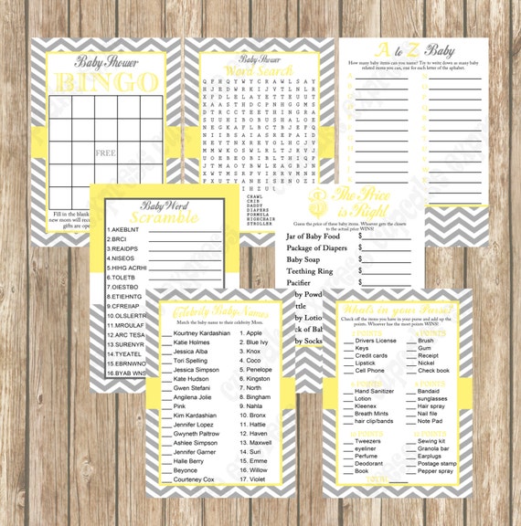 shower baby games active to Baby Games Yellow Chevron Grey Pack Shower PRINTABLES be Mommy