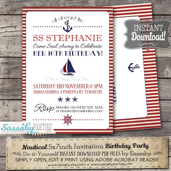 Nautical Invitation - INSTANT DOWNLOAD - Editable & Printable Sailing, Sailboat, Boat, Yacht Birthday Party Invite by Sassaby Parties Il_570xn