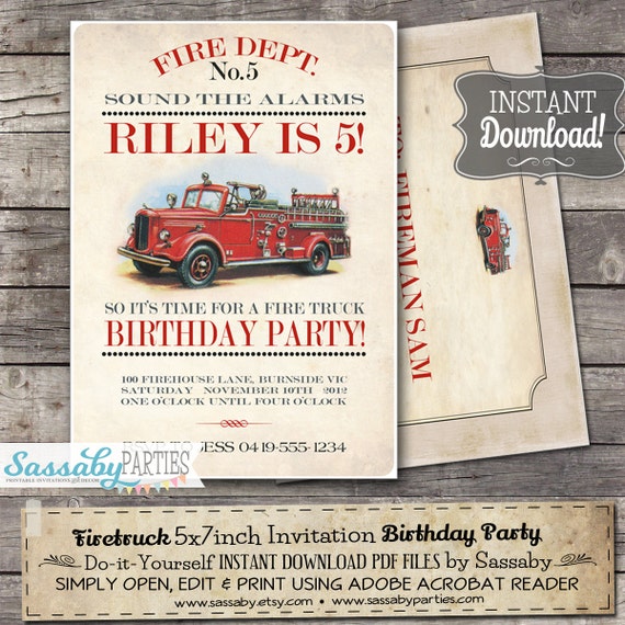 Vintage Firetruck Invitation - INSTANT DOWNLOAD - Partially Editable & Printable Fireman, Fire Engine, Birthday Party Invite Sassaby Parties Il_570xn