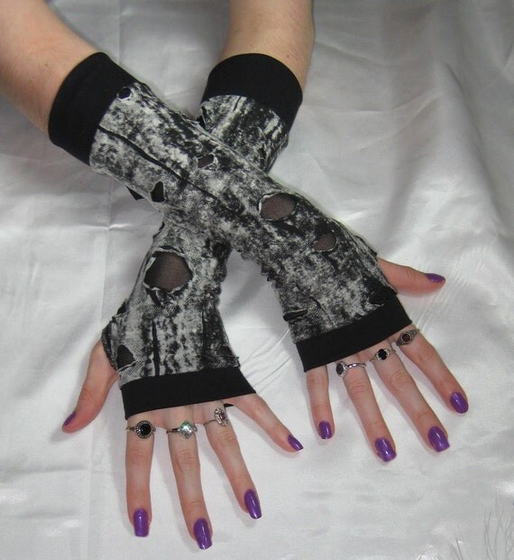 Gothic Arm Warmers Fingerless Gloves Shredded bondage by Mellode