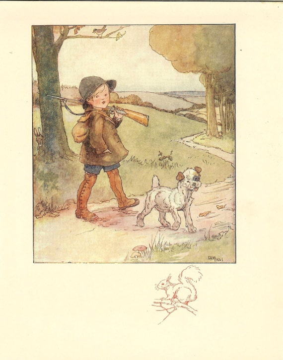 1920's Anne Anderson Vintage Childrens Print Young Boy Carrying Shotgun Over Shoulder Walking Country Lane Dog Book Plate Book Illustration