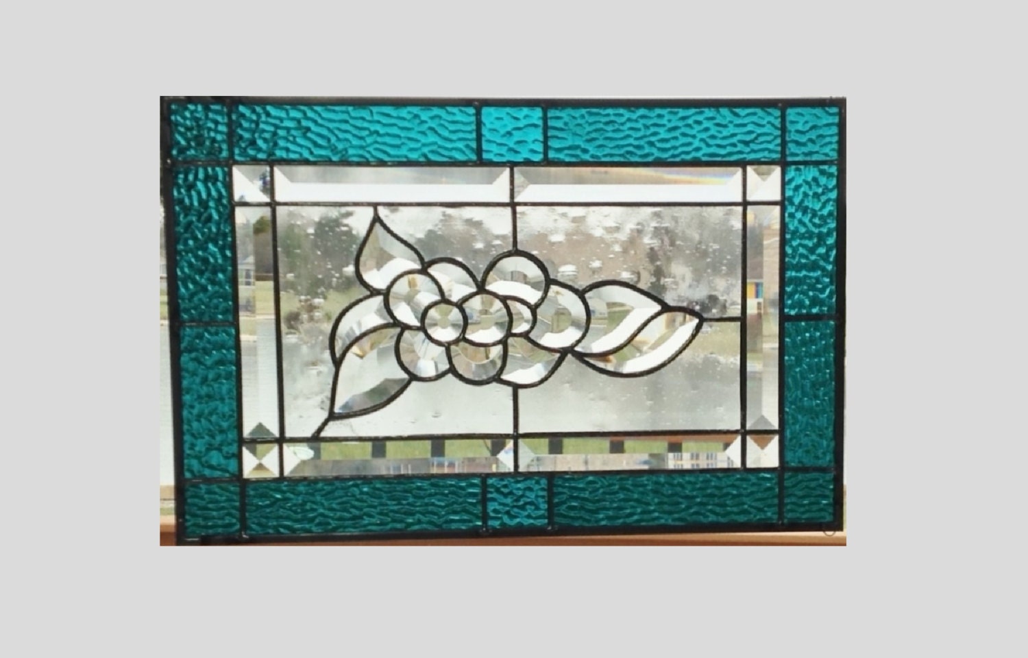 Stained Glass Panel Window Clear Flower Teal Blue Stained 2563