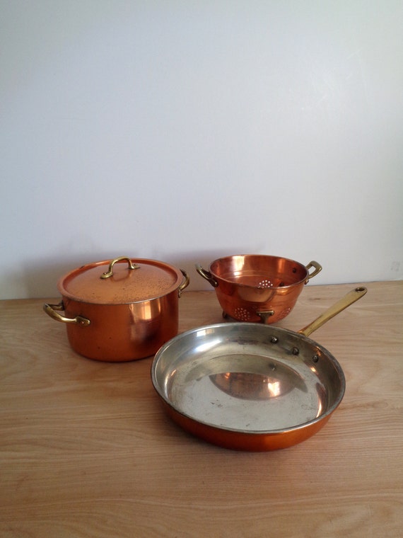 Vintage Copper Cookware Colander Frying Pan by WhiteElephantCo