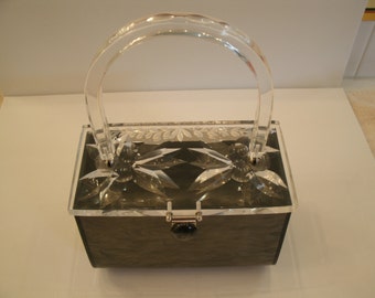 Vintage Rialto Lucite Purse with Clear Handle and Carved Lucite Top - Marbled Grey Handbag - Gray Bag