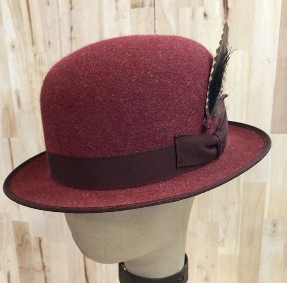 burgundy heathered rabbit fur felt bowler or derby hat by hatWRKS